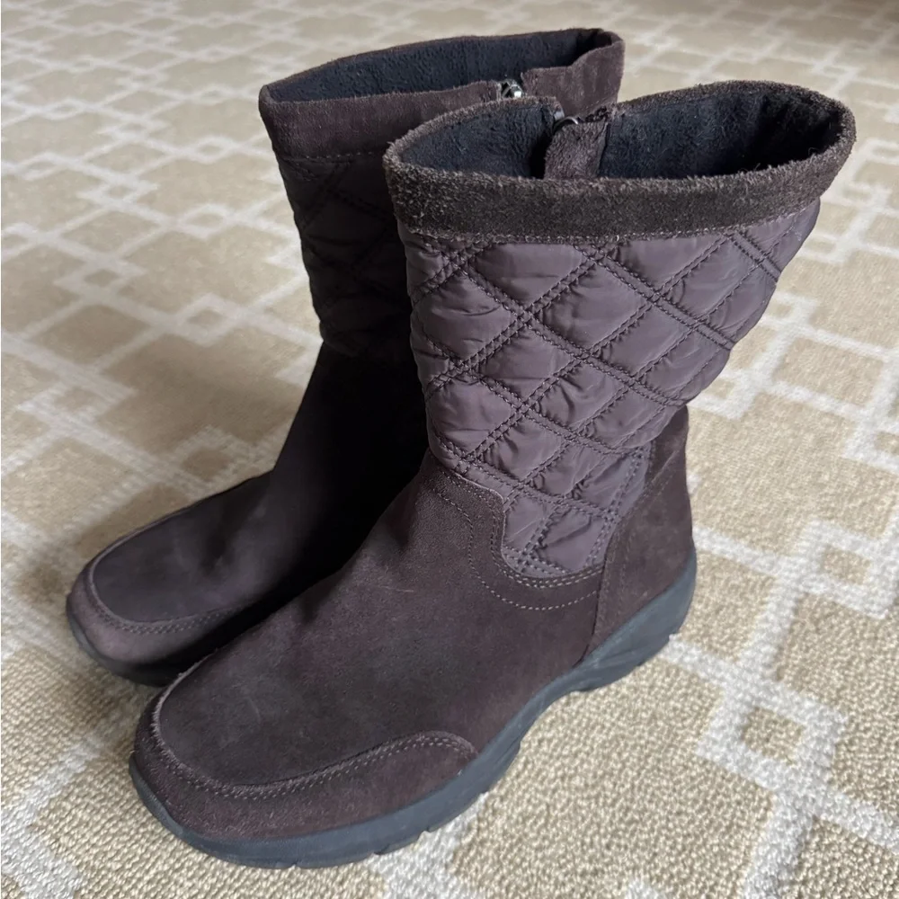 Lands’ End Quilted Suede Winter Boots Insulated Zip Up Outdoor Holiday Brown 8